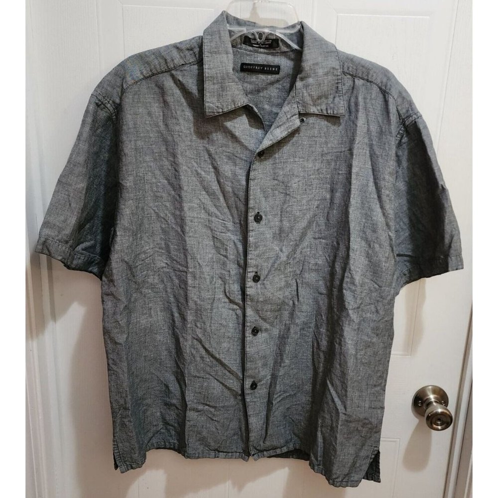 Geoffrey Beene Gray Linen Cotton Blend Short Sleeve Button Up Shirt Size Large